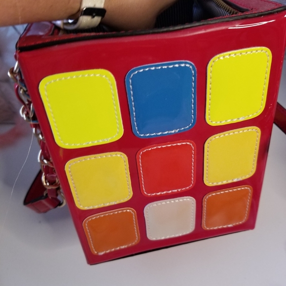 Retro Glossy Red Multicolor Square Rubiks Cube Shape Purse Chain Handbag NEW - Picture 10 of 16